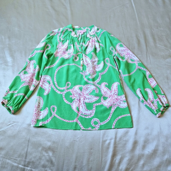 Lilly Pulitzer 100% silk Elsa blouse  green pink twinkle size XS RN#88189 - Picture 8 of 14